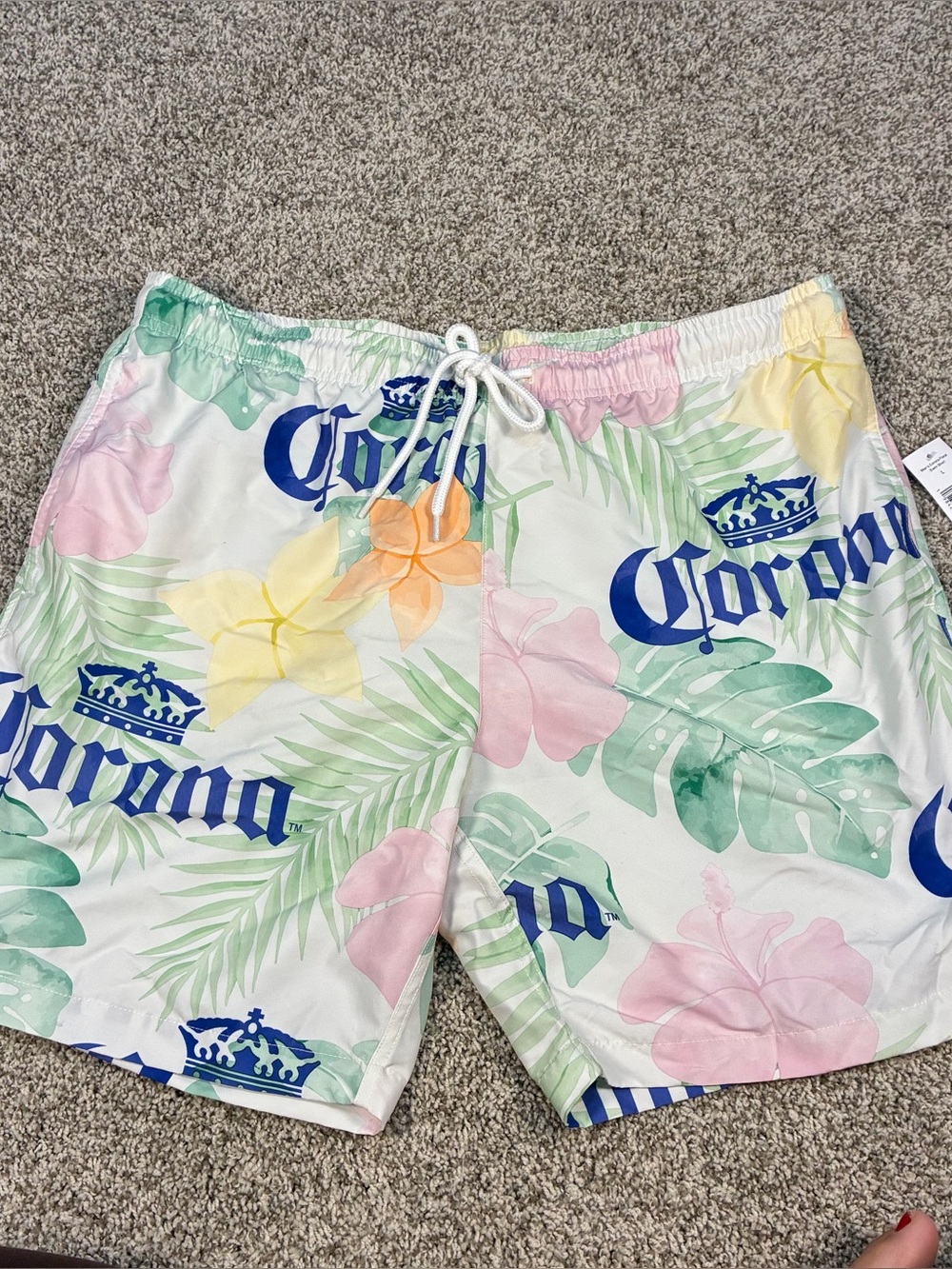 Corona White Swim Trunks with Blue Logo and Pastel Floral Print